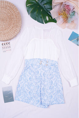 Chiffon Long Sleeve Pearl Details Floral Emboss Playsuit (Blue)